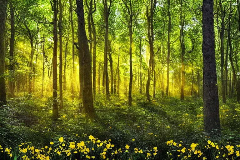 Prompt: A beautiful hyper realistic detailed photo of the inside deep forest with high trees and yellow buttercup flowers, light sieving through the trees, dynamic lighting