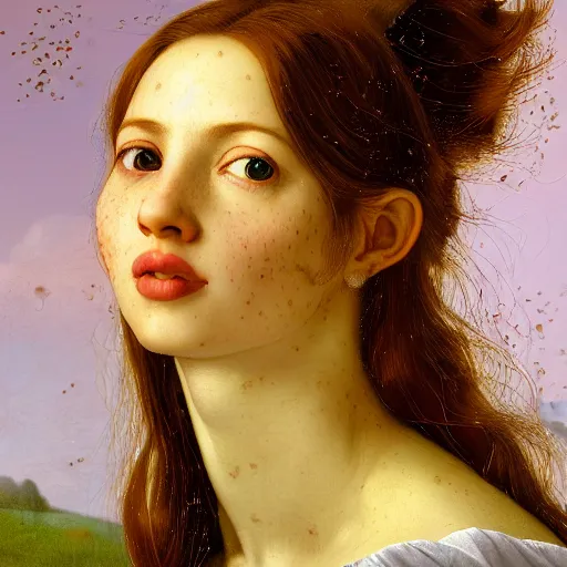 Prompt: portrait of happy a young woman, among the lights of golden fireflies and nature, long loose red hair, intricate details, bright green eyes, freckles on the nose, round gentle face, romantic dress, deep focus, smooth, sharp, golden ratio, hyper realistic digital art by artemisia lomi gentileschi and caravaggio, unreal engine 5