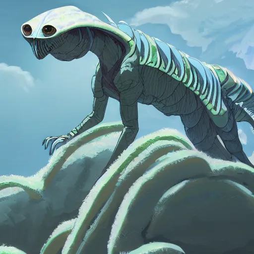 Image similar to concept art painting of an alien animal creature, detailed, cel shaded, in the style of makoto shinkai and moebius and james gurney