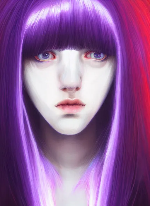 Image similar to hair whitebangs hair, black hair, whitebangs, portrait of teenage girl with white bangs, red irises, purple clothes, white bangs, bangs are different color from hair, intricate, elegant, glowing lights, highly detailed, digital painting, artstation, concept art, smooth, sharp focus, illustration, art by wlop, mars ravelo and greg rutkowski