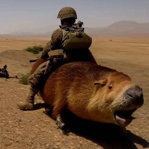 Image similar to cinematic shot of a u. s marine riding on the back of a giant capybara in afghanistan, 8 k, very detailed, very intricate,