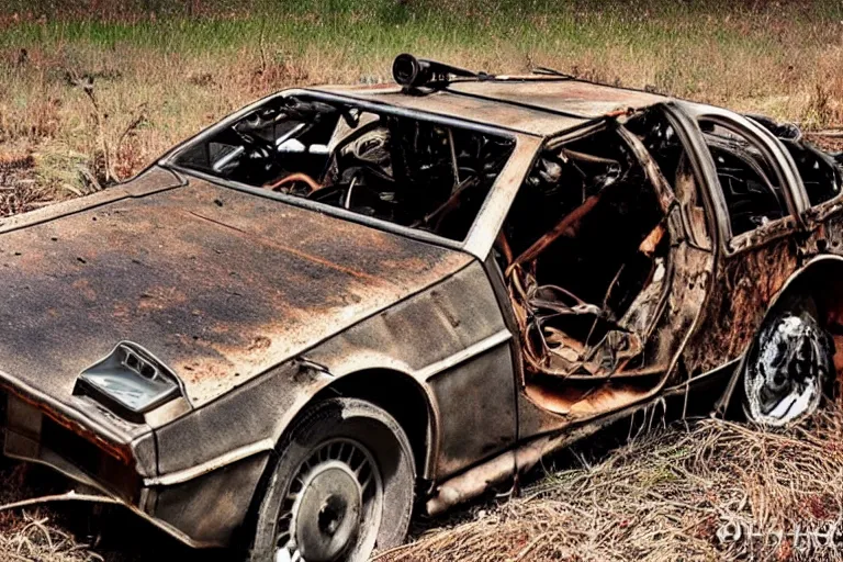 Prompt: rusty, derelict 1 9 2 2 delorean inside a dusty worn down old barn