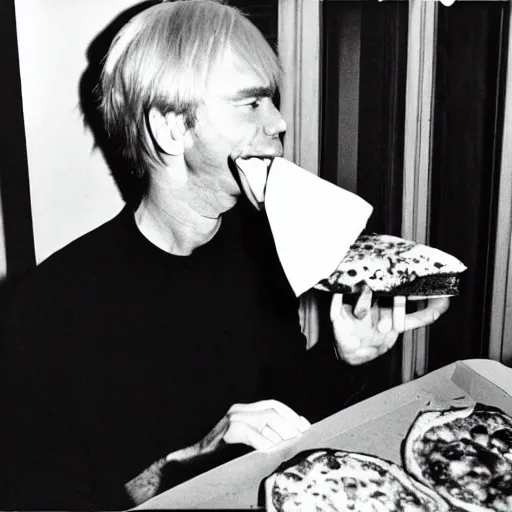 Prompt: a photo of andy warhol eating a delicious slice of pizza