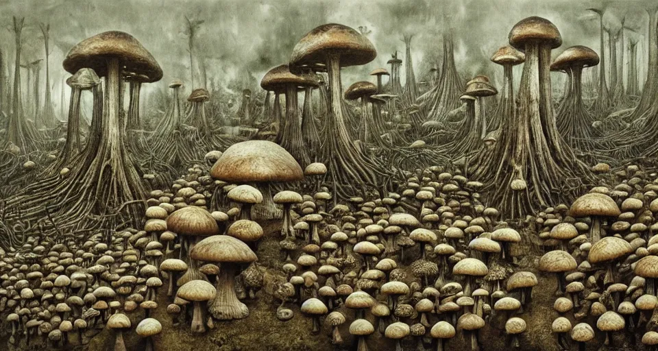 Image similar to A tribal village in a forest of giant mushrooms, by HR Giger