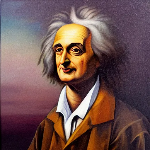 Image similar to oil painting portrait of the lovechild of Isaac Newton and Albert Einstein