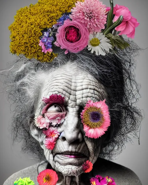 Prompt: a portrait of a fleshy old woman covered in flowers, who is surprised she is still alive, in the style of guiseppe arcimboldo and james jean, covered in wispy gray hair with a hint of neon, hd 3 d,