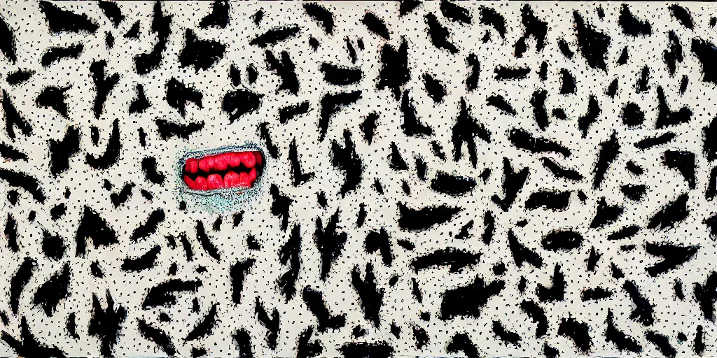 Prompt: camo made of teeth, smiling, abstract, francis bacon artwork, cryptic, dots, stipple, lines, splotch, color tearing, pitch bending, faceless people, dark, ominious, eerie, minimal, points, technical, old painting