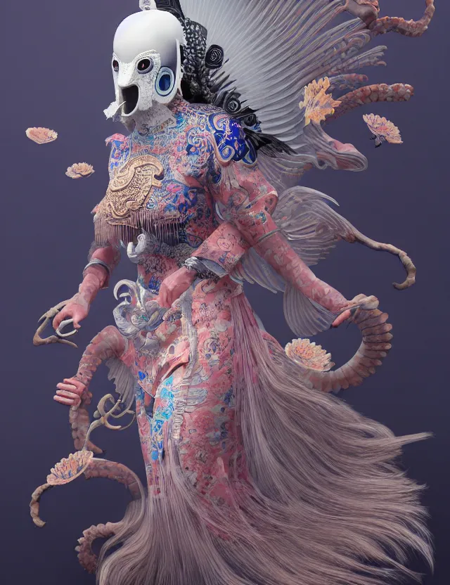 Image similar to 3 d goddess bottom - up with ram skull. beautiful intricately detailed japanese crow kitsune mask and clasical japanese kimono. betta fish, jellyfish phoenix, bio luminescent, plasma, ice, water, wind, creature, artwork by tooth wu and wlop and beeple and greg rutkowski