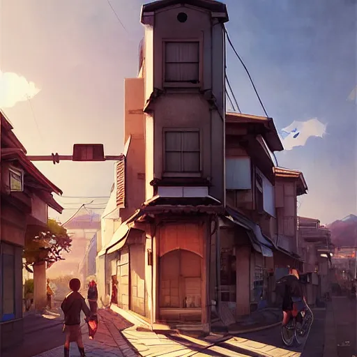 Prompt: walking around ozu city and shimonad station, ehime, japan. volumetric lighting, hot summer evening, golden hour, realistic illustration, perfectly shaded, soft painting, art by krenz cushart and wenjun lin