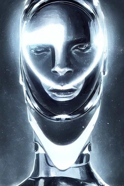 Prompt: chrome futuristic cyborg with a face made of pixels on a black screen for a head, diffuse lighting, fantasy, intricate, elegant, highly detailed, lifelike, photorealistic, digital painting, artstation, illustration, concept art, smooth, sharp focus, art by John Collier and Albert Aublet and Krenz Cushart and Artem Demura and Alphonse Mucha