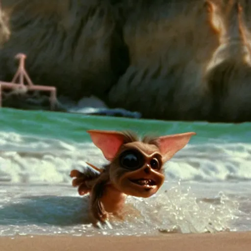 Image similar to gizmo from gremlins running through the surf on a beach