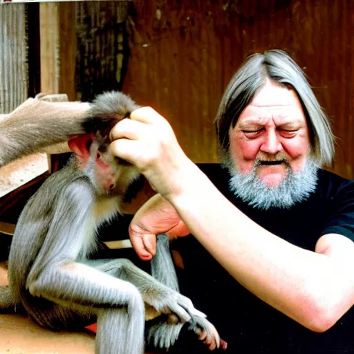 Prompt: robert wyatt carefully giving a monkey a haircut