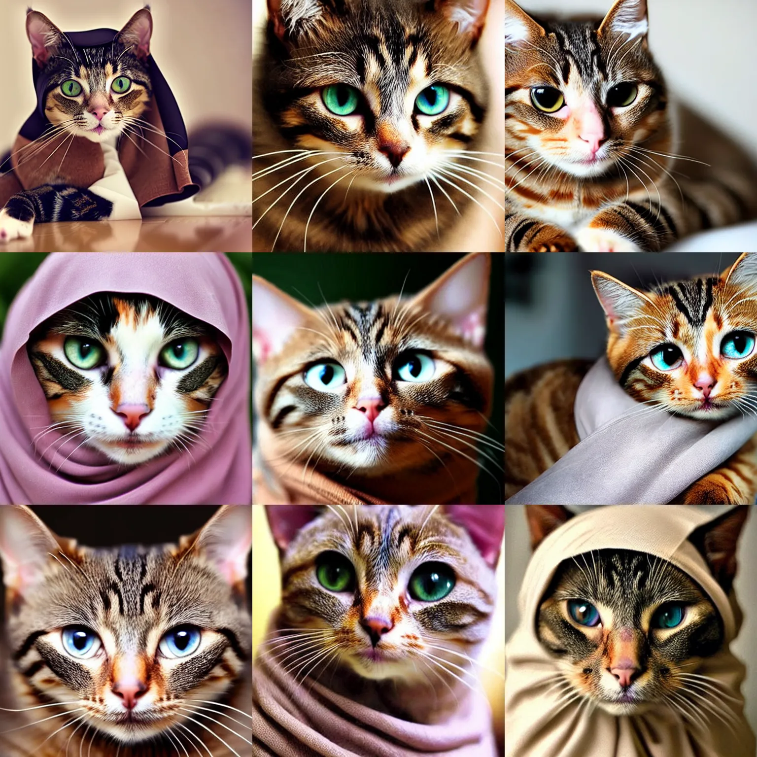 Prompt: brownish eyed cute cat!!! wearing hijab!!!, beautiful, portrait