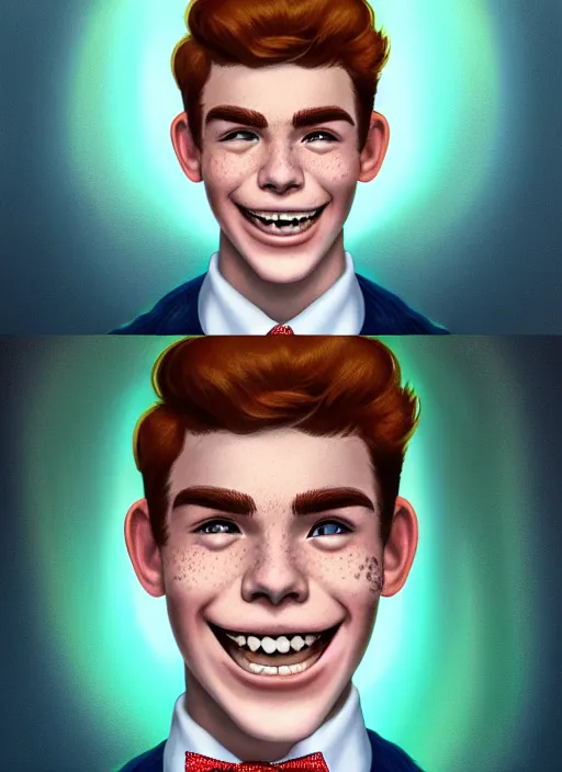 Image similar to portrait of teenage archie andrews, freckles, curly middle part haircut, curly hair, middle part hairstyle, smiling kindly, wearing a bowtie and sweater vest, intricate, elegant, glowing lights, highly detailed, digital painting, artstation, concept art, smooth, sharp focus, illustration, art by wlop, mars ravelo and greg rutkowski