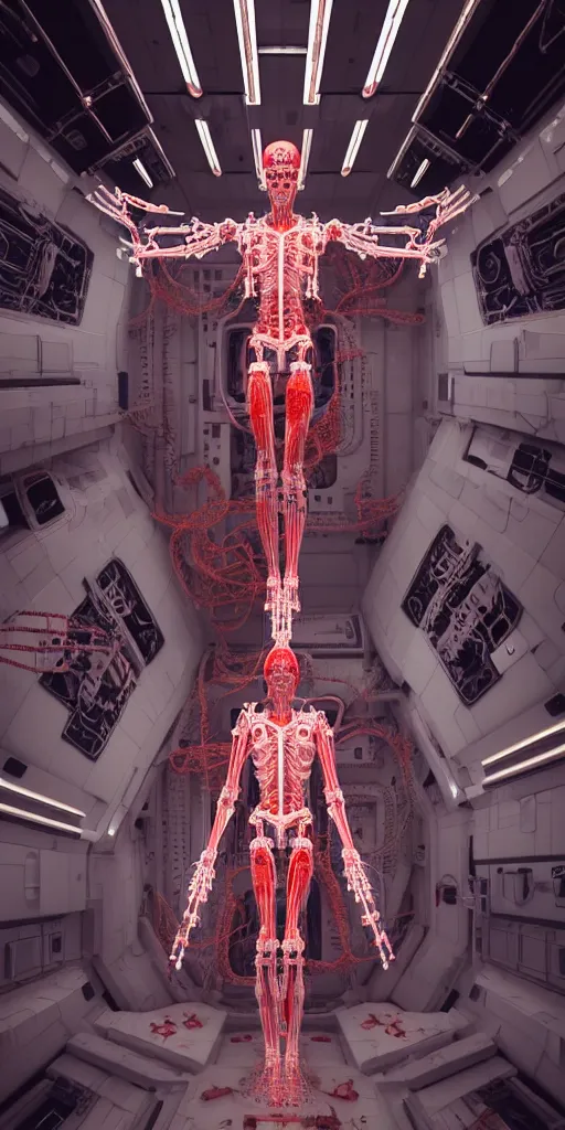 Image similar to high detailed white space station interior a statue jesus on cross made of red marble, perfect symmetrical body, full body shot, inflateble shapes, wires, tubes, veins, jellyfish, white biomechanical details, wearing epic bionic cyborg implants, masterpiece, intricate, biopunk, vogue, highly detailed, artstation, concept art, cyberpunk, octane render