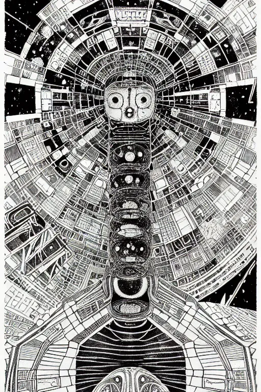 Image similar to a black and white drawing of an ancient future japanese temple international space station, bioluminescence, a detailed mixed media collage by hiroki tsukuda and eduardo paolozzi and ernst haeckel, intricate linework, sketchbook psychedelic doodle comic drawing, geometric, street art, polycount, deconstructivism, matte drawing, academic art, constructivism