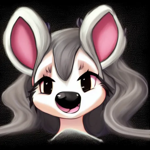 Image similar to headshot of young female furry, maple story, cute, fantasy, intricate, long hair, dark grey skin, mouse face, maplestory mouse, dark skin, mouse head, mouse ears, black hair, elegant, cartoony, Deviantart, artstation, character art of maple story, smooth, sharp focus, illustration, art by Diives