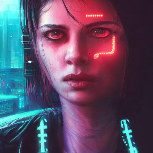 Image similar to molly millions, closeup portrait of a young beautiful cyberpunk woman, mirror eye implants, black hair in a rough shag, sunset, neuromancer, street samurai, cyberpunk city background, megacity, gorgeous view, depth, painted by seb mckinnon, high detail, digital art, painted by greg rutkowski, trending on artstation