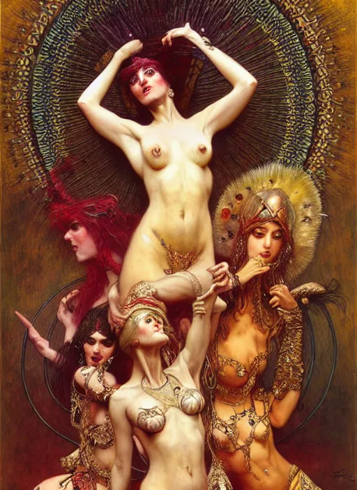 Prompt: hyper realistic intricate painting of bellydancers by wayne barlowe, gustav moreau, goward, gaston bussiere and roberto ferri, santiago caruso, and austin osman spare, ( ( ( ( occult art ) ) ) ) bouguereau, alphonse mucha, saturno butto