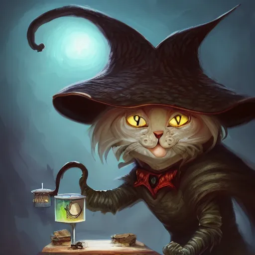 Image similar to Anthropomorphized cat brewing potion, evil smile, witch Hut, witch hat, dark fantasy, magic the gathering artwork, D&D, fantasy, cinematic lighting, centered, symmetrical, highly detailed, digital painting, artstation, concept art, smooth, sharp focus, illustration, volumetric lighting, epic Composition, 8k, art by Akihiko Yoshida and Greg Rutkowski and Craig Mullins, oil painting, cgsociety