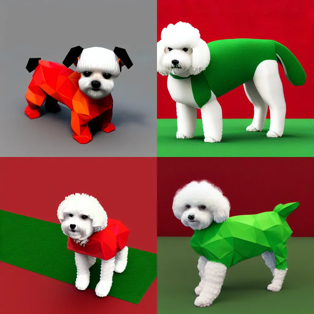 Prompt: low-poly 3D render of a Bichon Frise dog wearing a red and green jersey