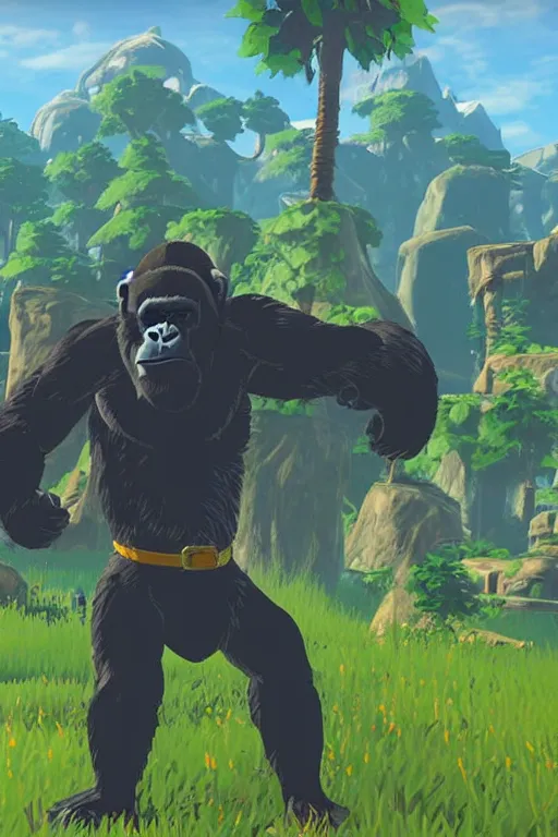 Image similar to an in game footage of a gorilla from the legend of zelda breath of the wild, breath of the wild art style.