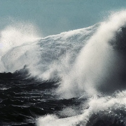 Prompt: photograph of a big incoming wave taken from the promenade, dramatic, looming, hyperrealistic