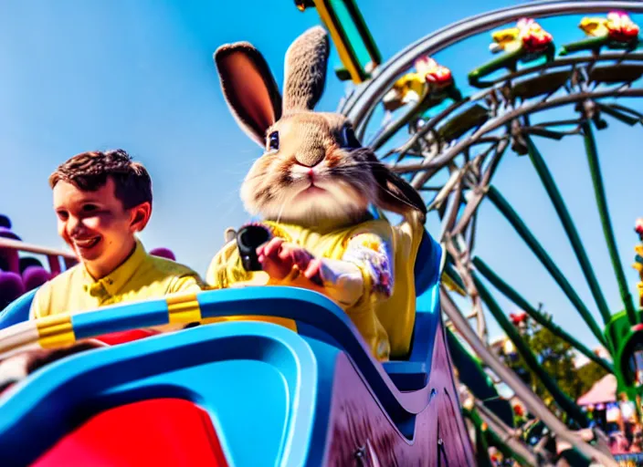 Image similar to film still of a bunny riding a roller coaster in disneyland paris, 8 k