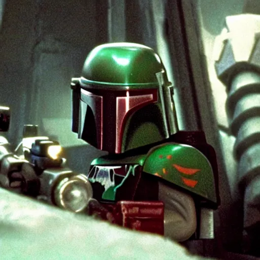 Prompt: boba fett in a scifi western saloon, movie still from star wars the empire strikes back, lego