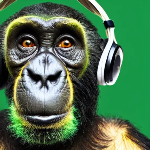 Image similar to a high quality photo of a green chimp wearing headphones, realism, 8k