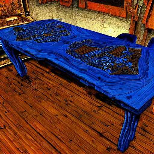 Image similar to a blue cystal in the wood table in digital in art intricate, fantasy