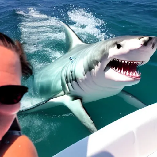 Prompt: great - white shark jumping out of the water posing for a photo with people on a boat