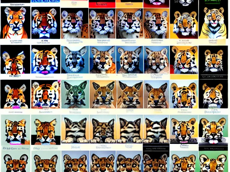 Prompt: multiple, side by side, epic card scans, portrait of different felidae including tiger, lynx, serval, cougar, ocelot, caracal, puma, leopard, panther, jaguar, highly detailed, digital art