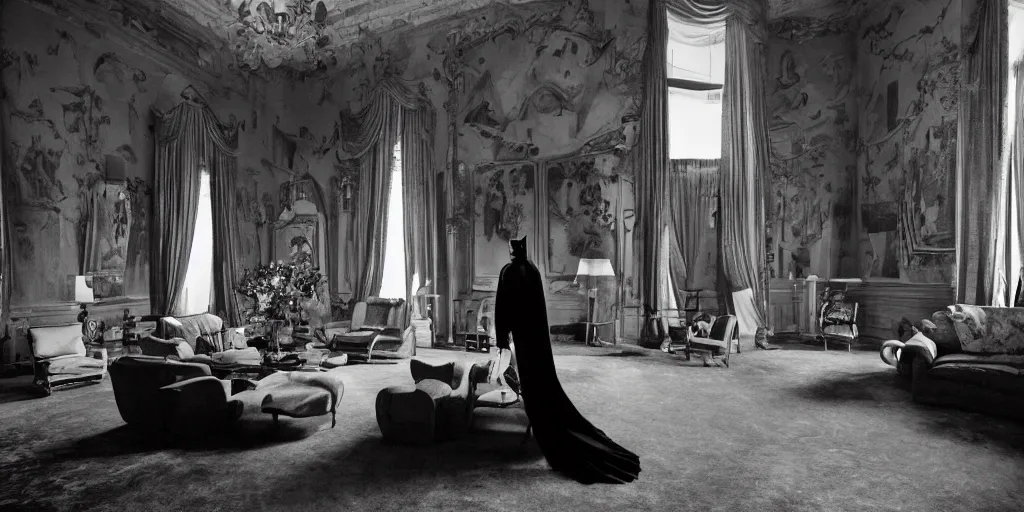 Prompt: Batman standing in giant Italian modern castle living room, photo by Annie Leibovitz