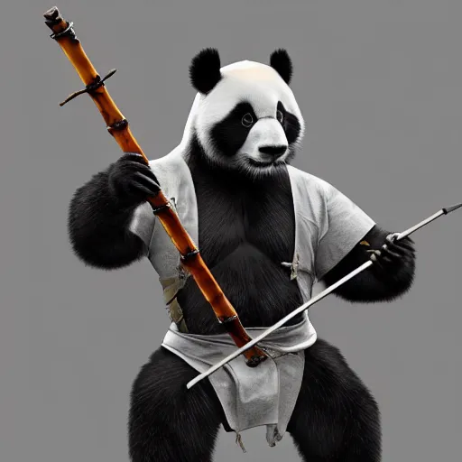 Prompt: panda in full reflective armor wielding a bamboo sword, concept art, cgsociety, octane render, trending on artstation, artstationHD, artstationHQ, unreal engine, 4k, 8k