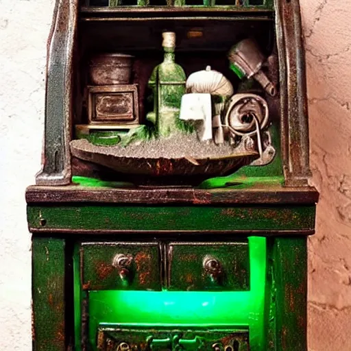 Image similar to a black cauldron filled with a magical green glowing potion standing in an old wilden desk, medieval, dark brown white green colours, mysterious, very detailed, realistic