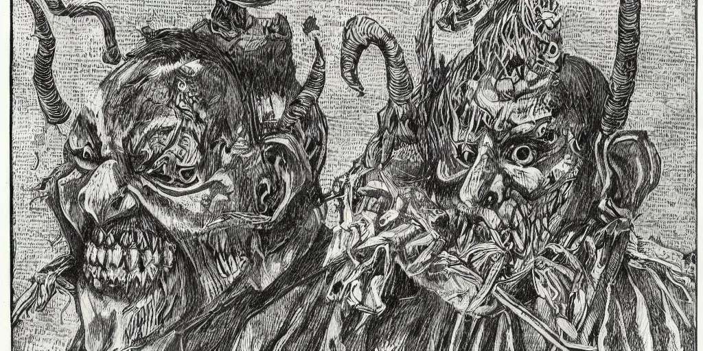 Image similar to scan of book with intricate ink drawings of tyrolean folklore masks, krampus, scary dark, dark ink, old paper