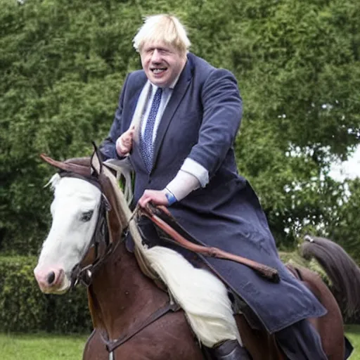 Prompt: Boris Johnson riding a horse with armour and a sword, photo