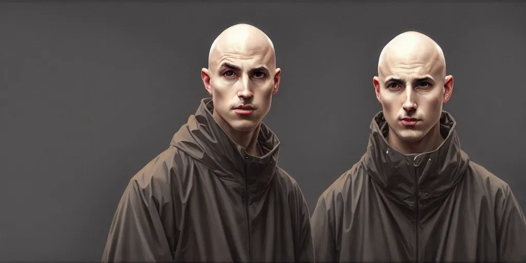 Image similar to ( ( ( ( young bald man ) ) ) ) dressed in raincoat, male, clear face, masculine, upper body, highly detailed, digital painting, artstation, concept art, matte, sharp focus, illustration, art by artgerm and greg rutkowski and alphonse mucha