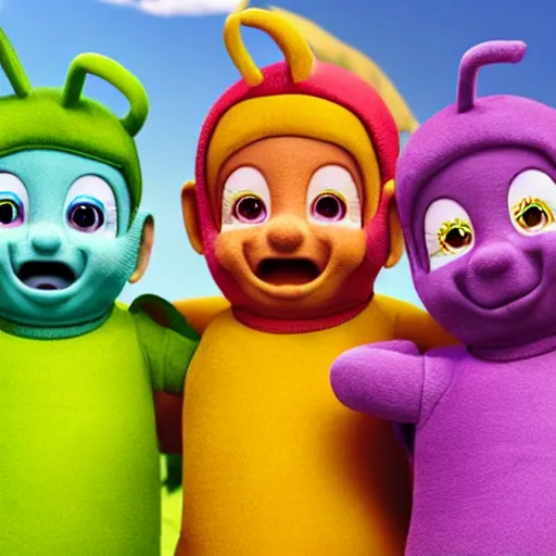 Image similar to Teletubbies with wide open eyes and smile, highly detailed, sharp focus, octane render, realistic eyes