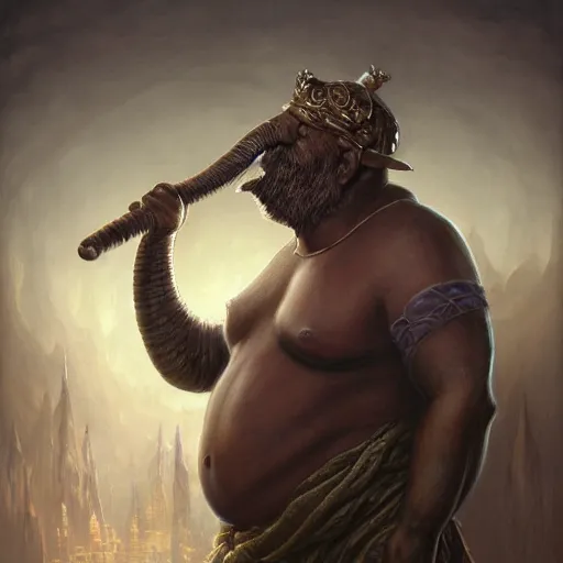 Image similar to fantasy portrait, portly elephant man, wearing loincloth, holding holy symbol, rpg game, main character, detailed, digital painting, artstation, sharp focus, illustration, tomasz alen kopera, peter mohrbacher, donato giancola, joseph christian leyendecker, wlop, frank frazetta