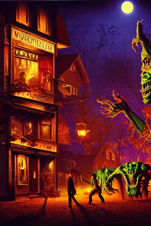 Image similar to a hyperrealistic vray rendering of a quiet autumn town being invaded by monsters in the night, cinematic horror by chris cunningham, lisa frank, richard corben, highly detailed, vivid color,