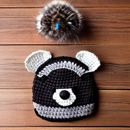 Image similar to a crocheted raccoon hat, very detailed animal hat, cute details, product photo, promotional image, sharp focus, studio lighting