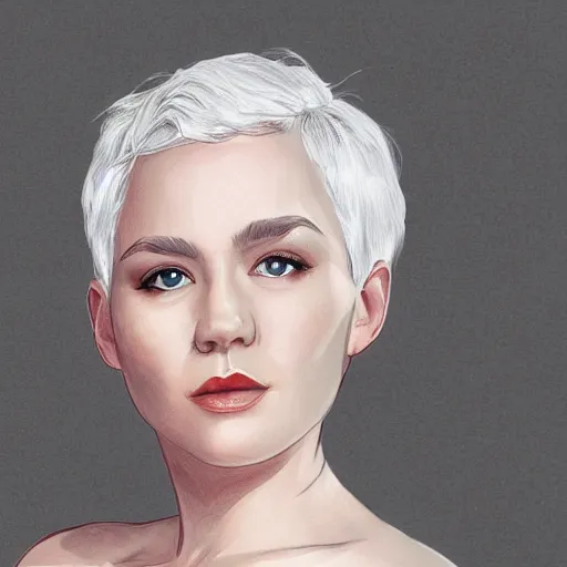 Prompt: portrait of a woman with short white hair, medium shot, illustration, highly detailed, high quality, by moring mark