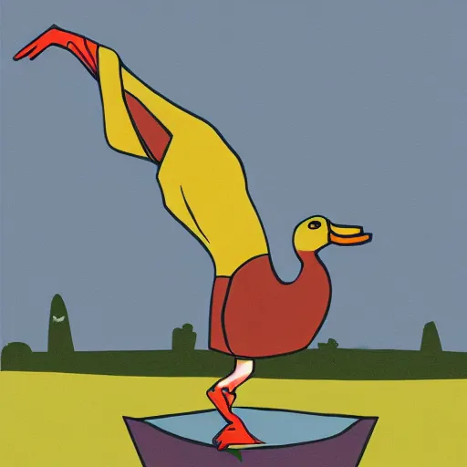 Prompt: duck doing backflip in mid - century illustration style