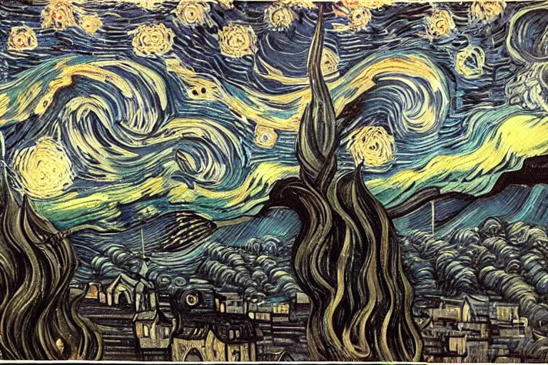 Prompt: man is seeing old god eldritch horror cthulhu terrifying the night sky of a city, epic scene, hyper - detailed, gigantic cthulhu, realistic dark - art painted by van gogh