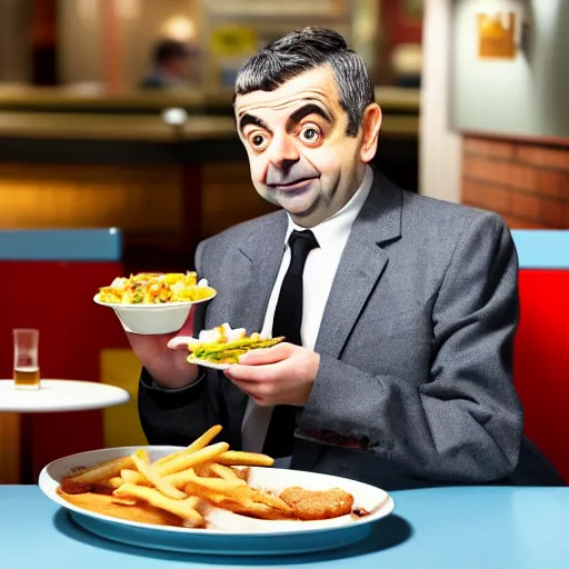 Image similar to photo of rowan atkinson eating inside of a mcdonald's restaurant, highly detailed, extremely high quality, hd, 4 k, 8 k, professional photographer, 4 0 mp, lifelike, top - rated, award winning, realistic, detailed lighting, detailed shadows, sharp, no blur, edited, corrected, trending