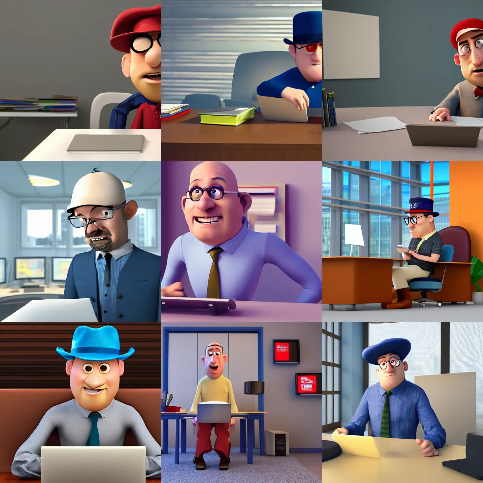 Prompt: bored man in his 4 0 s sitting at his office, hat, bald, costume, pixar movie, 3 d, animated