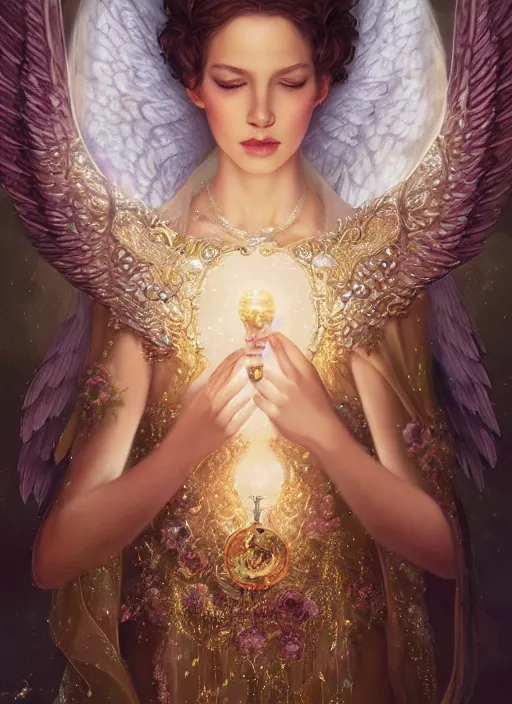 Image similar to A beautiful digital painting of a female angel full of jewels, princess, the moon behind her, intricate, cinematic lighting, highly detailed, digital painting, Artstation, concept art, smooth, sharp focus, illustration, art by Tom Bagshaw, Artgerm and Greg Rutkowski