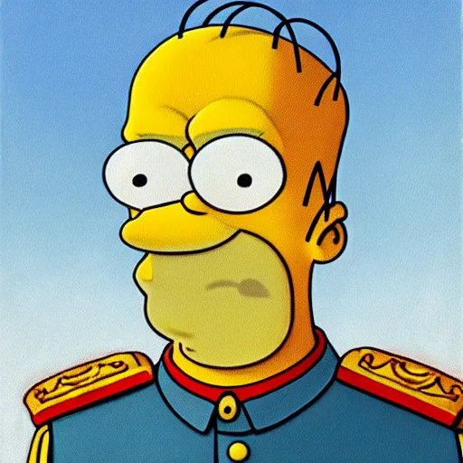 Image similar to homer simpson wearing a soviet dictator uniform ( oil painting portrait, greatly painted, 4 k, smooth painting, high detailed, and greatly illustrated )